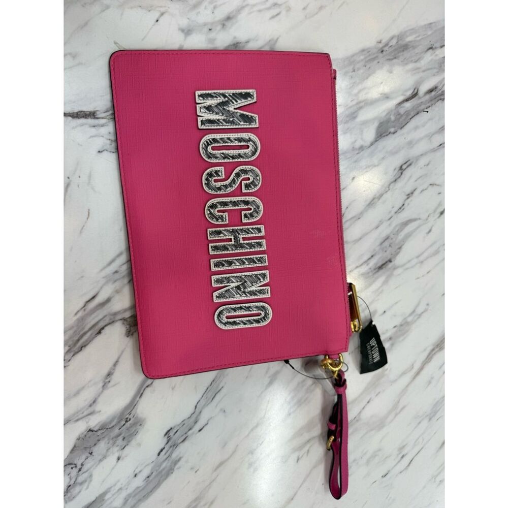 Moschino Hot Pink Leather Wristlet Clutch with Logo